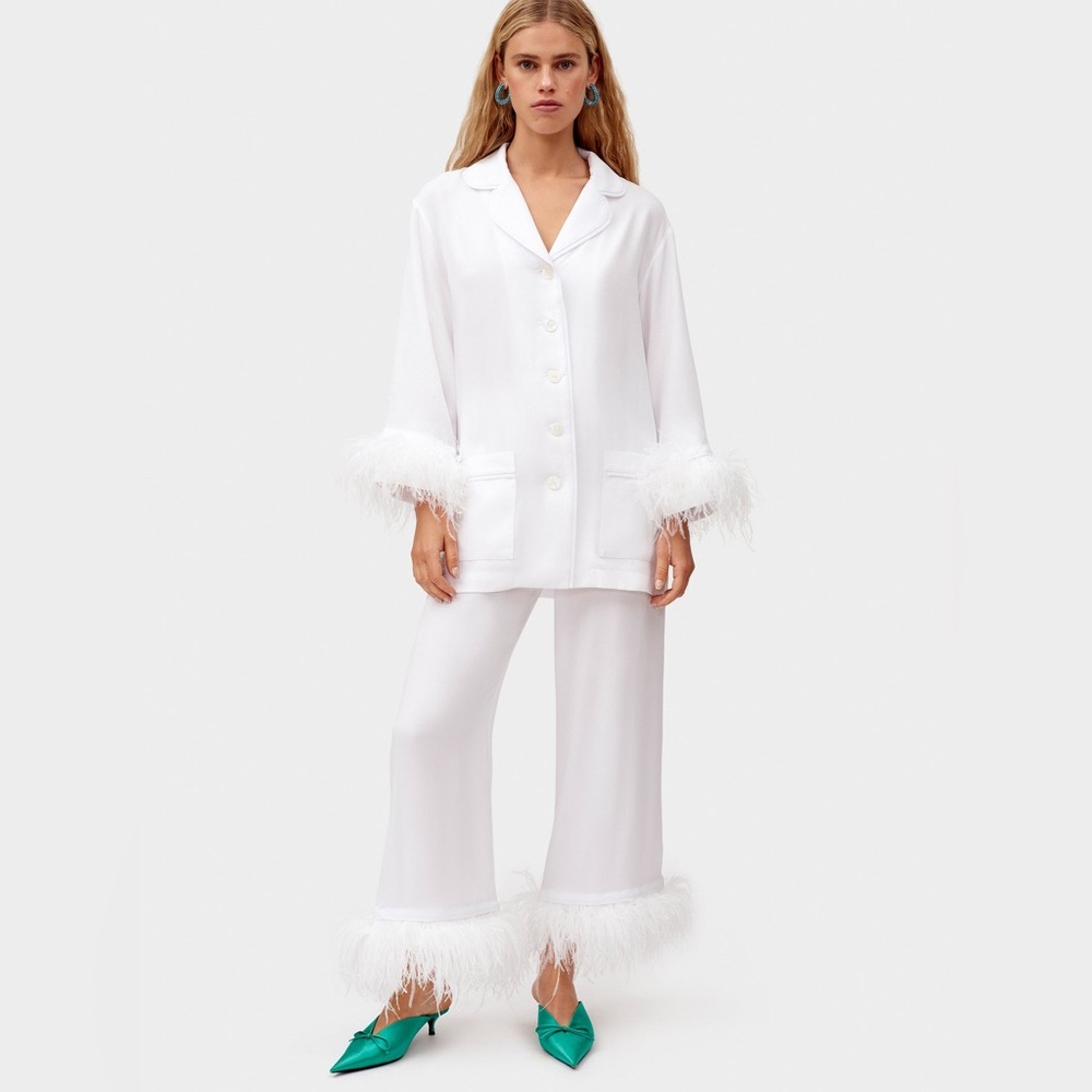 Sleeper Double Feather Trim Party Pajama Set White
